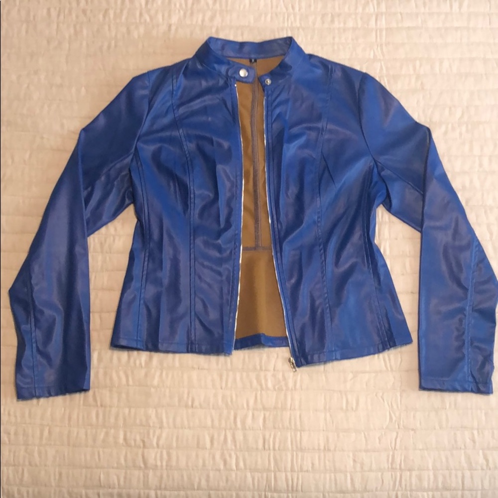 Blue Pleather Zipper Motorcycle Jacket
